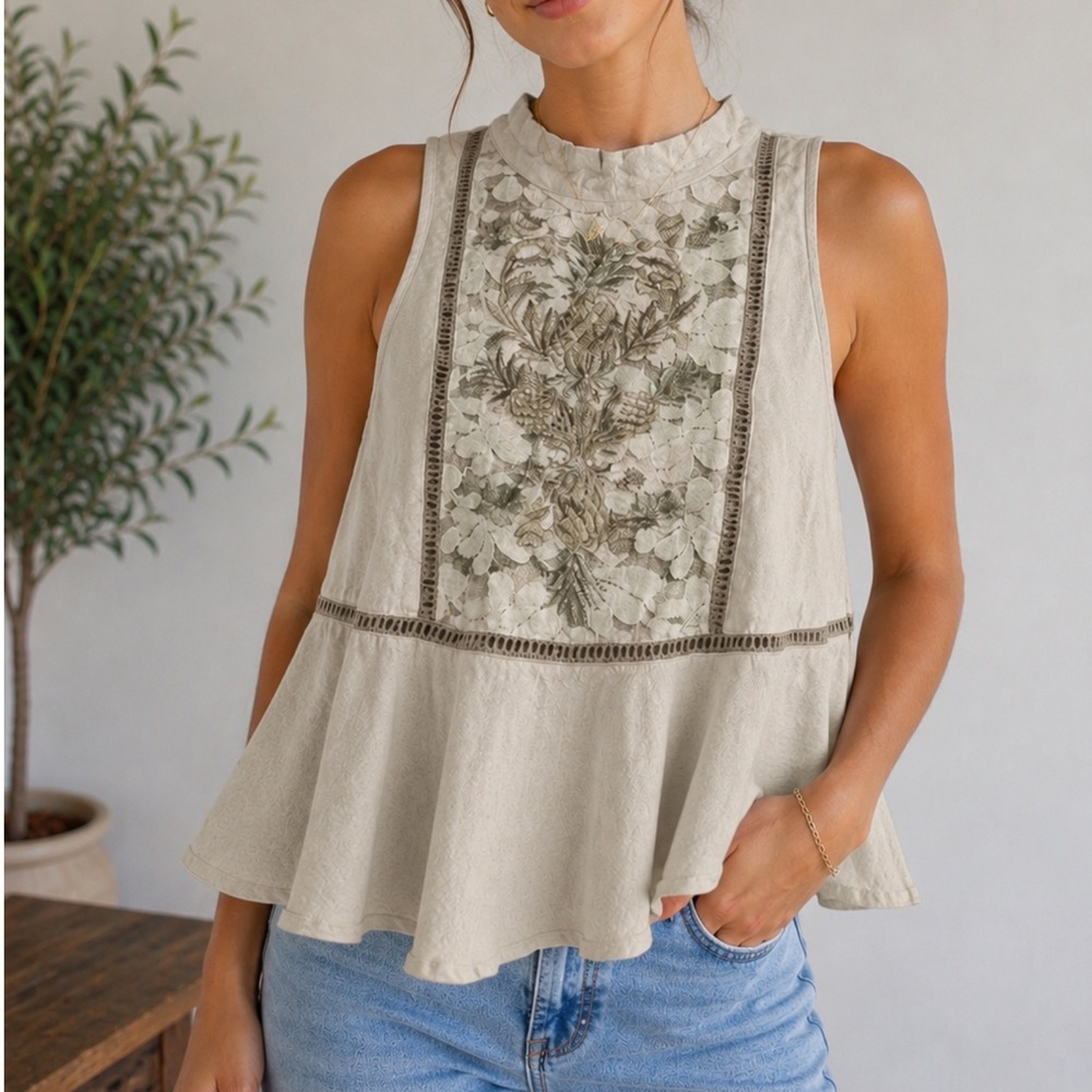 Free People Pineapple Embroidered Lace Babydoll Top Cream Womens XS Excellent